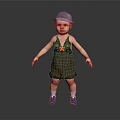 Child Wearing Gray Hat Brown Dress With Lace Red Detail Blue Shoes And White Socks