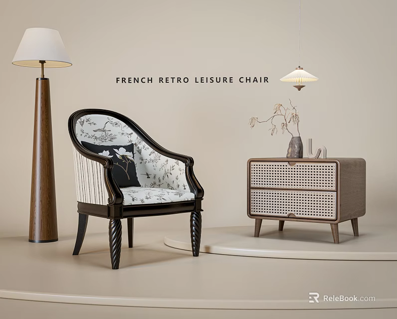 French Retro Leisure Chair With Floral Printed Cushion And Rattan Side Table Tall Floor Lamp 3d model 