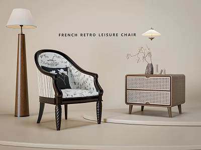 French Retro Leisure Chair With Floral Printed Cushion And Rattan Side Table Tall Floor Lamp 3d model