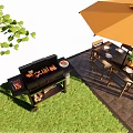 Outdoor Grill With Sausages Bacon And Dining Table Setup On Green Grass