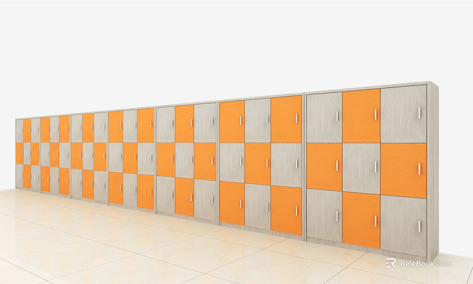 Orange And Gray Lockers In Row For Storage Facility Interior Design 3d model