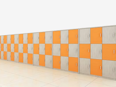 Orange And Gray Lockers In Row For Storage Facility Interior Design 3d model