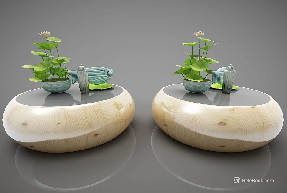 Natural Round Wooden Coffee Table With Green Plants And Decorative Items 3d model 