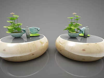 Natural Round Wooden Coffee Table With Green Plants And Decorative Items 3d model