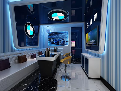 BMW Themed KTV Room Interior With Blue Lighting Sofa Table TV And Car Poster 3d model