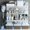 Organized Bathroom Accessories on Pegboard Shelf with Towels Jars Brushes and Cups