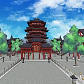 Ancient Chinese Architecture With Pagoda Towers Black Tiled Roofs Red Pillars And Green Trees