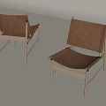 Two Brown Leather Leisure Chairs With Wooden Frame And Minimalist Design