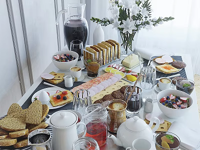 Delicious Breakfast Spread On Table With Bread Fruit Bowls Teapot Coffee Cups And Pancakes 3d model