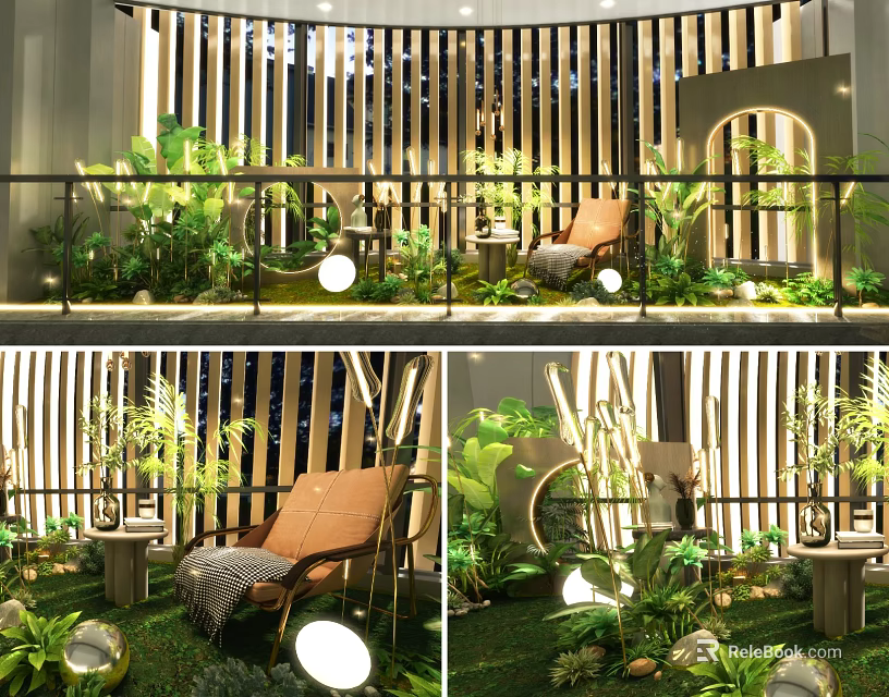 Cozy Lounge Area With Lush Green Plants Wooden Screens And Comfortable Seats 3d model 