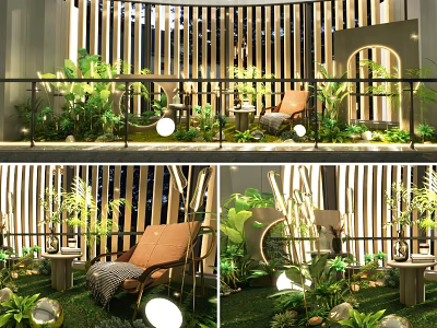 Cozy Lounge Area With Lush Green Plants Wooden Screens And Comfortable Seats 3d model