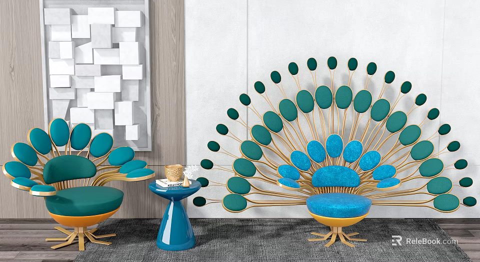 Modern Leisure Sofa Set With Peacock Shaped Design Turquoise Cushions And Gold Frame 3d model 