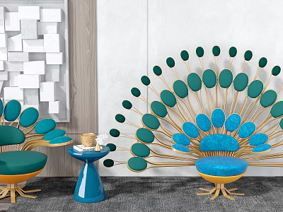 Modern Leisure Sofa Set With Peacock Shaped Design Turquoise Cushions And Gold Frame 3d model