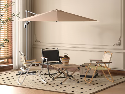 Outdoor Table and Chair Set with Beige Parasol Rattan Black Chairs Wooden Coffee Table 3d model