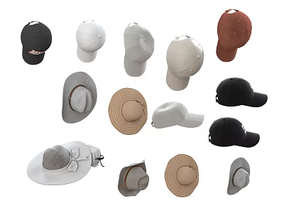 Assorted Hats With Cotton Baseball Caps Straw Wide Brimmed Hats And Neutral Tones 3d model