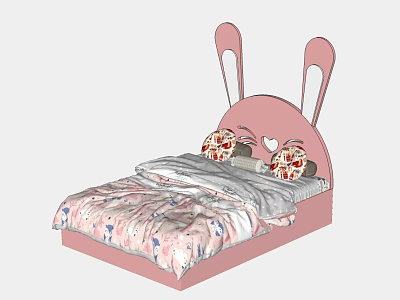 Pink Kids Bed With Rabbit Ear Headboard Heart Design Smiley Face And Bunny Print Bedding 3d model
