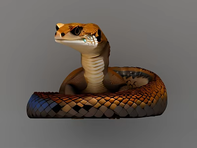 Colorful Snake With Orange Brown Black Blue Scales Coiled Body Raised Head And Yellow Eyes 3d model