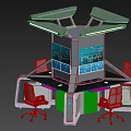 High Tech Modern Office Desk With Multiple Screens Dual Chairs And Blue Lighting