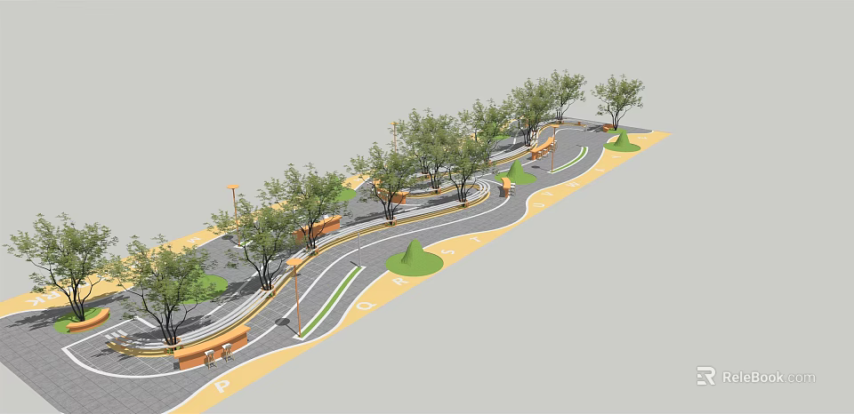 Tree Planters In Curved Park Pathway With Trees Benches And Green Landscaping 3d model