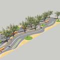 Tree Planters In Curved Park Pathway With Trees Benches And Green Landscaping 3d model