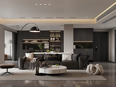 Modern Open Concept Dining Living Room Interior With Gray Sofa Coffee Table And Bookshelf 3d model