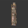 Vintage Wooden Shelves Displaying Clay Pots Books Boxes And Shoes Collection