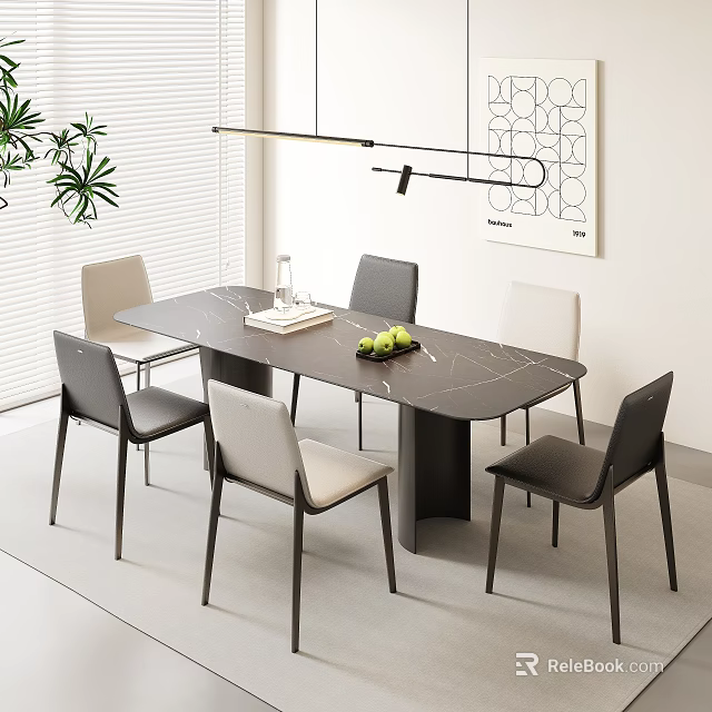 Modern Dining Table Set with Marble Top Six Chairs Gray Beige Upholstery and Geometric Artwork 3d model 