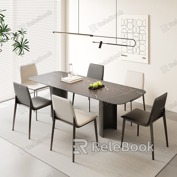 Modern Simple Dining Table and Chair Combination Long Dining Table Marble Dining Table and Chair Combination Simple Dining Chair Simple Chandelier model