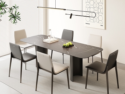 Modern Simple Dining Table and Chair Combination Long Dining Table Marble Dining Table and Chair Combination Simple Dining Chair Simple Chandelier model