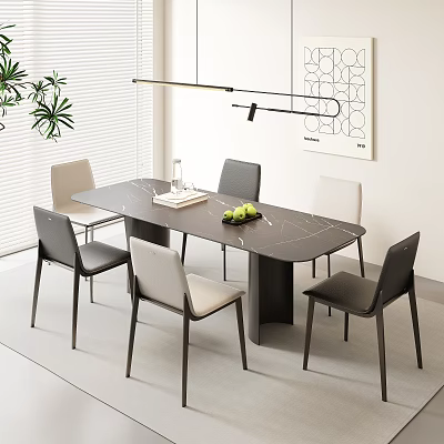 Modern Dining Table Set with Marble Top Six Chairs Gray Beige Upholstery and Geometric Artwork 3d model