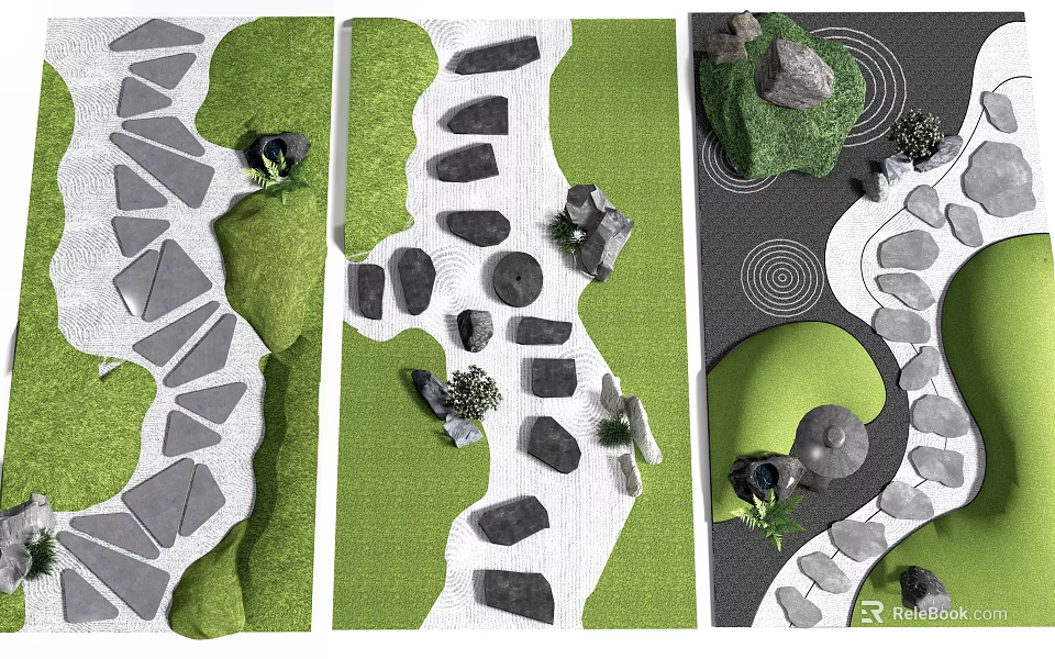 Natural Stepping Stone Path Design In Garden Landscape With Green Grass And Decorative Rocks 3d model 