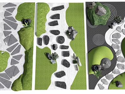 Natural Stepping Stone Path Design In Garden Landscape With Green Grass And Decorative Rocks 3d model