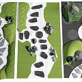 Natural Stepping Stone Path Design In Garden Landscape With Green Grass And Decorative Rocks