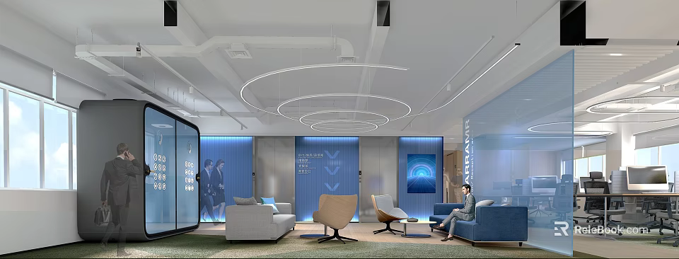 Modern Public Office Area With Comfortable Sofas Chairs Circular Ceiling Lights And Stylish Wall Decor 3d model