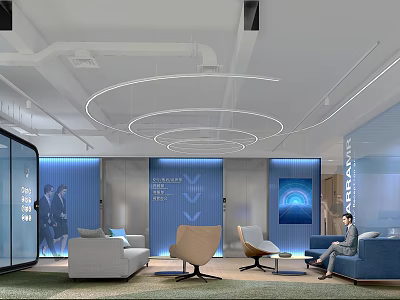 Modern Public Office Area With Comfortable Sofas Chairs Circular Ceiling Lights And Stylish Wall Decor 3d model