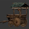 Traditional Wooden Hand Cart With Turquoise Tiled Roof Hanging Gourd And Wooden Wheels
