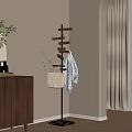 Modern Wooden Coat Rack With Gray Coat Woven Basket Green Plant Beige Wall Curtain