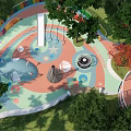 Vibrant Outdoor Playground With Colorful Circular Ground Slide Swings And Lush Trees