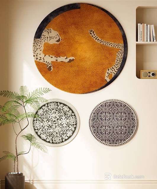 Stylish Round Rugs with Leopard Print Orange Base and Black White Intricate Patterns 3d model 