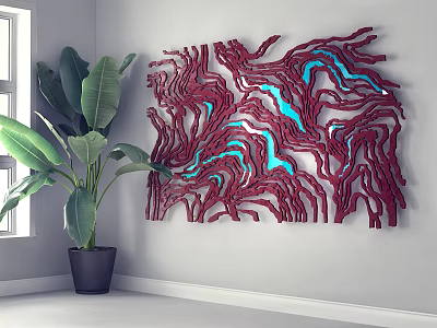 Abstract Red And Blue 3D Textured Wall Decor In Modern Living Room With Green Plant 3d model