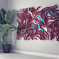 Abstract Red And Blue 3D Textured Wall Decor In Modern Living Room With Green Plant