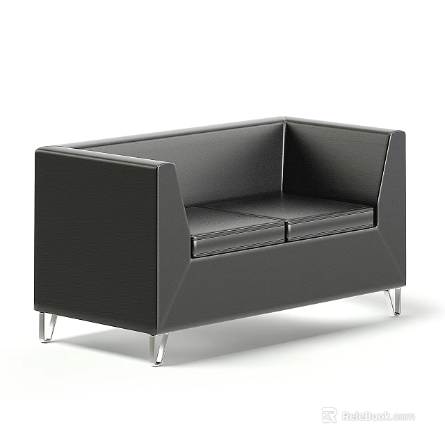 Modern Black Leather Loveseat With Metal Legs And Simple Armrest Design 3d model 