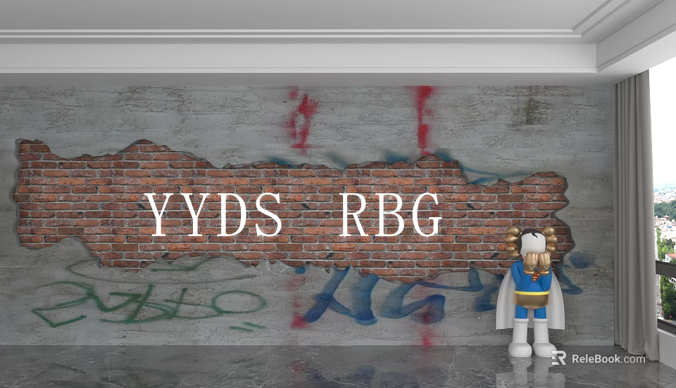 Bricked Background Wall With Graffiti YYDS RBG And Standing Cartoon Figure 3d model 