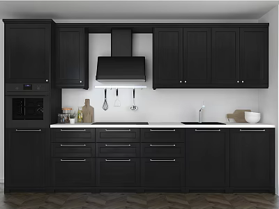 Modern Kitchen Featuring Black Cabinets White Countertop Range Hood And Sink 3d model