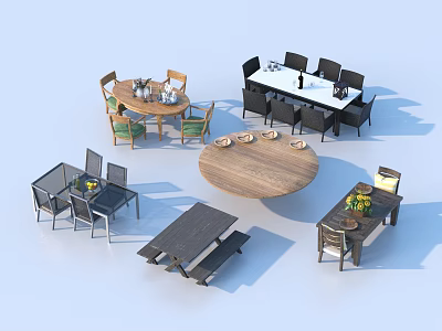Dining Table Sets With Wooden Round Rectangular Tables Metal Frame Chairs And Decorative Items 3d model