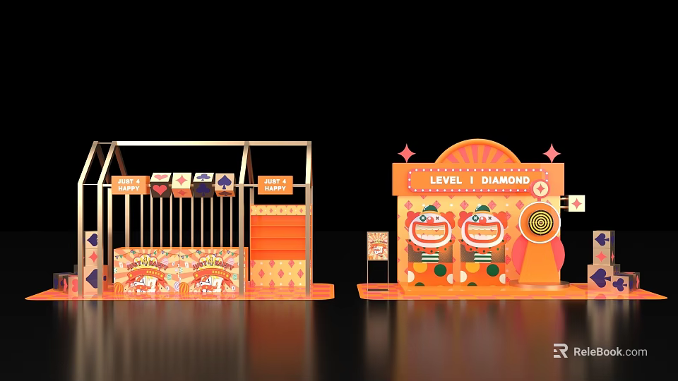 Vibrant Photo Check-in Spot With Orange Pink Decor Cartoon Characters Lucky Theme Diamond Level Sign 3d model 