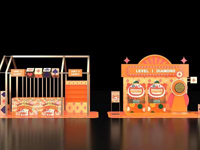 Vibrant Photo Check-in Spot With Orange Pink Decor Cartoon Characters Lucky Theme Diamond Level Sign 3d model