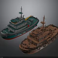 Modern And Rusty Tugboats With Green Hull And Rusted Deck Structures