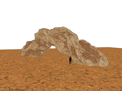 Large Natural Stone Arch With Wooden Elements And Person In Arid Landscape 3d model