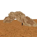 Large Natural Stone Arch With Wooden Elements And Person In Arid Landscape